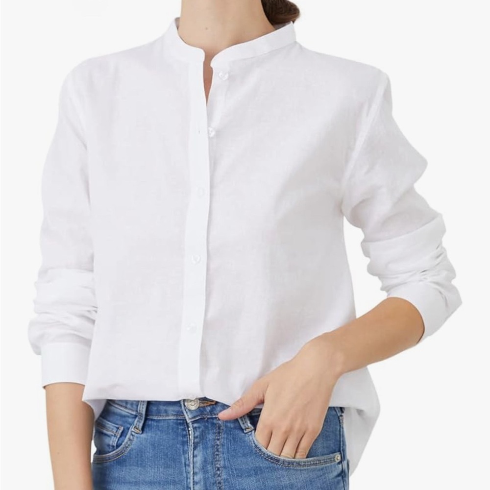 NWT White Linen Button Down French Collar Shirt - Picture 3 of 9